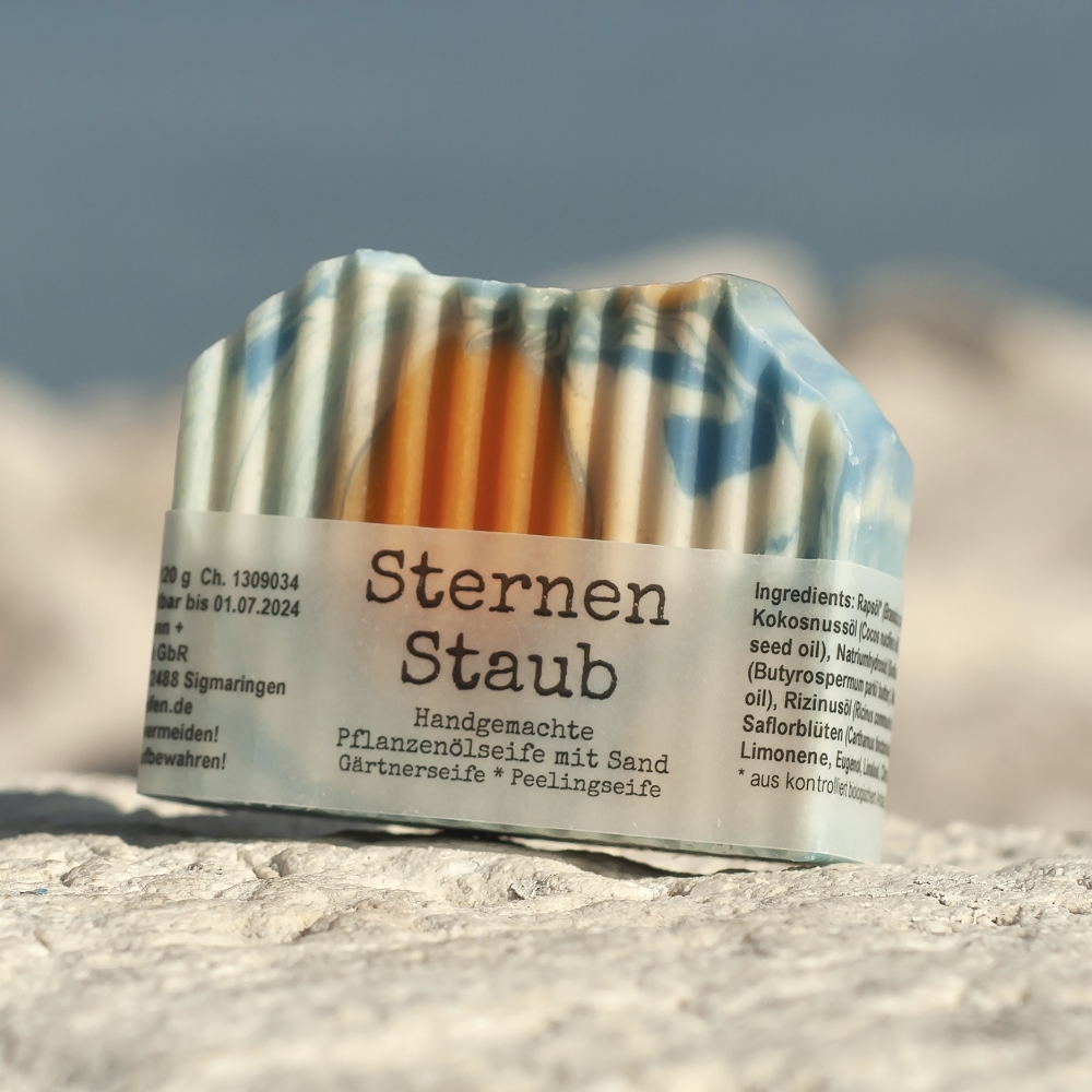 Handgemachte SternenStaub Peelingseife mit feinem Seesand und Orangenduft