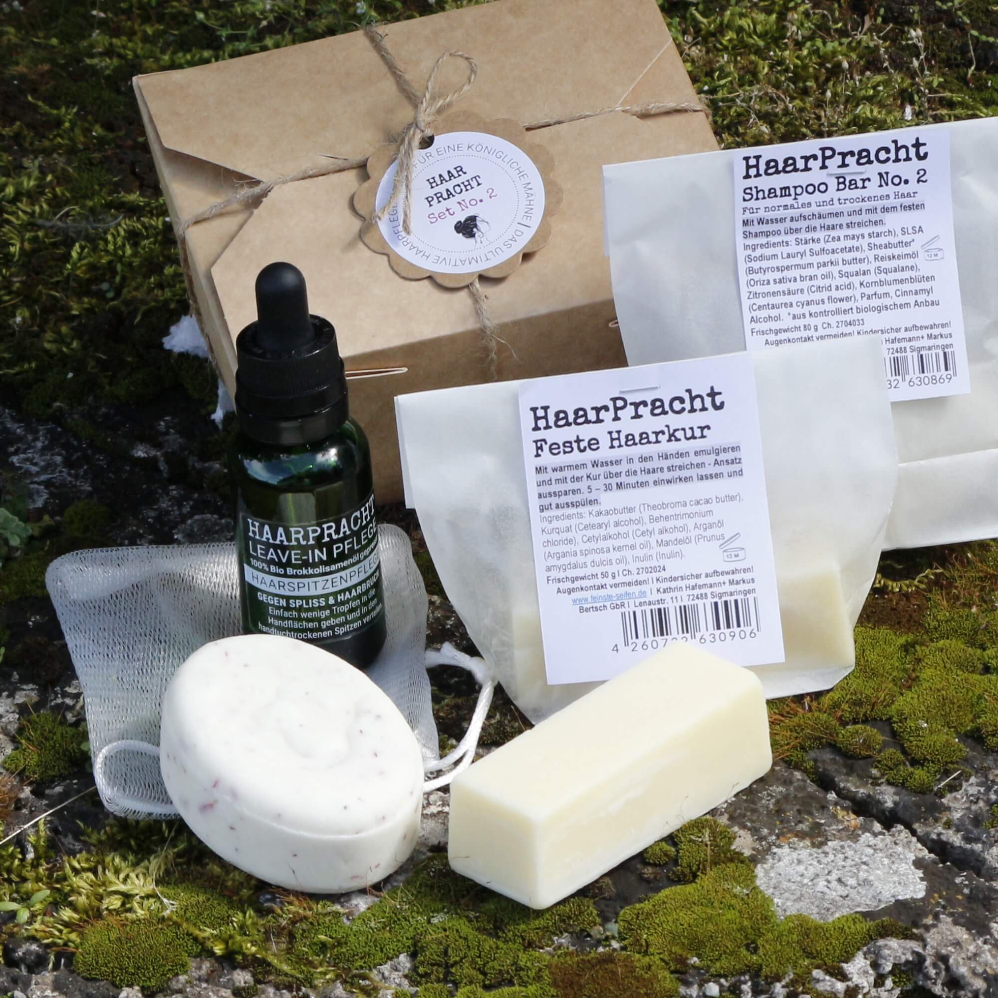 Haarpflege Set No. 2 mit festem Shampoo, Haarkur, Haarspitzenpflege und Mesh-Säckchen für normales bis trockenes und längeres Haar