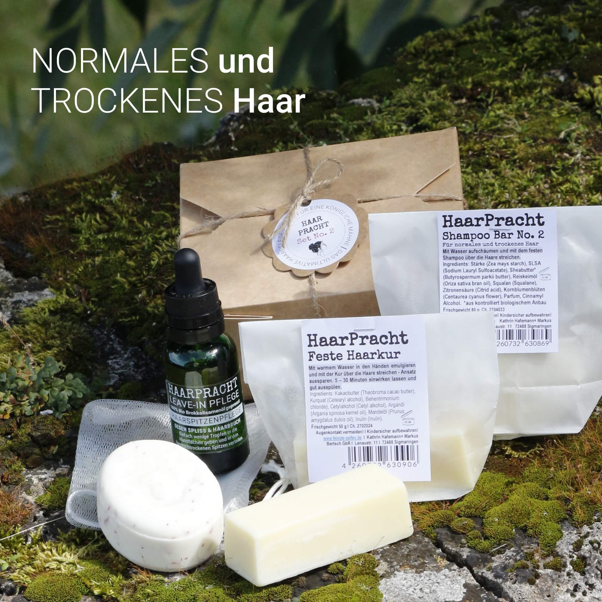 Haarpflege Set No. 2 mit festem Shampoo, Haarkur, Haarspitzenpflege und Mesh-Säckchen für normales bis trockenes und längeres Haar