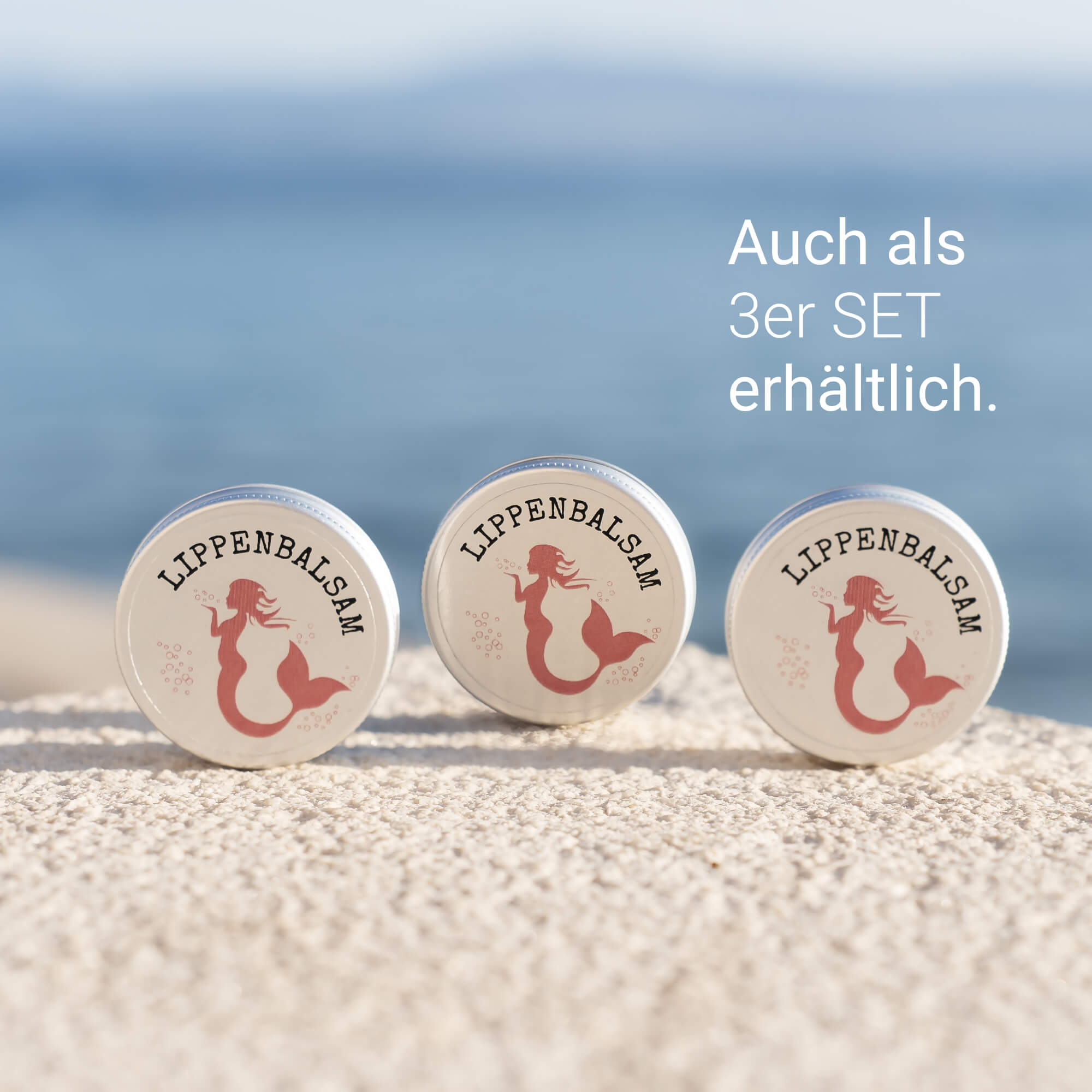 Drei handgemachte Lippenbalsame mit Meerjungfrau-Motiv im Set – duftfreie Lippenpflege für trockene und beanspruchte Lippen.