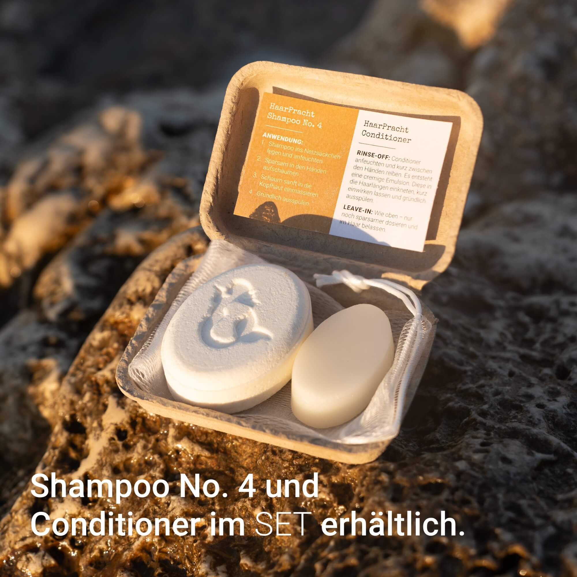 Haarpflege Set No. 4 mit Premium Shampoo No. 4, festem Conditioner und Mesh-Säckchen für alle Haartypen
