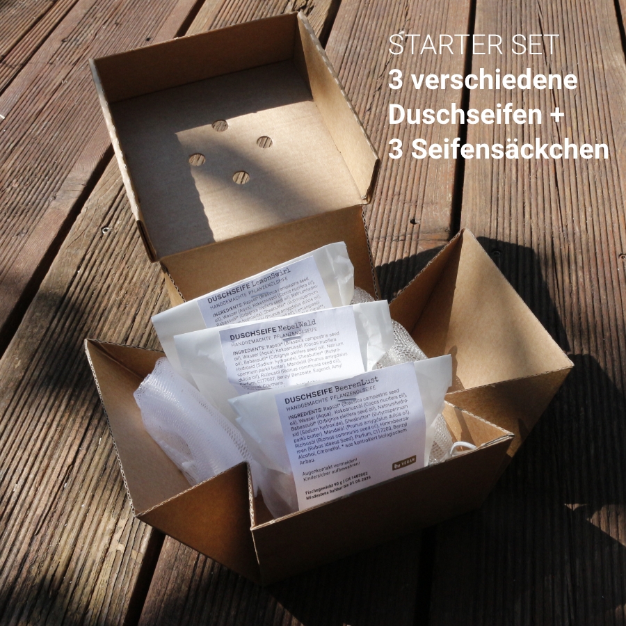Duschseifen Starterset mit drei handgemachten Duschseifen und drei Seifensäckchen in einer Kartonbox