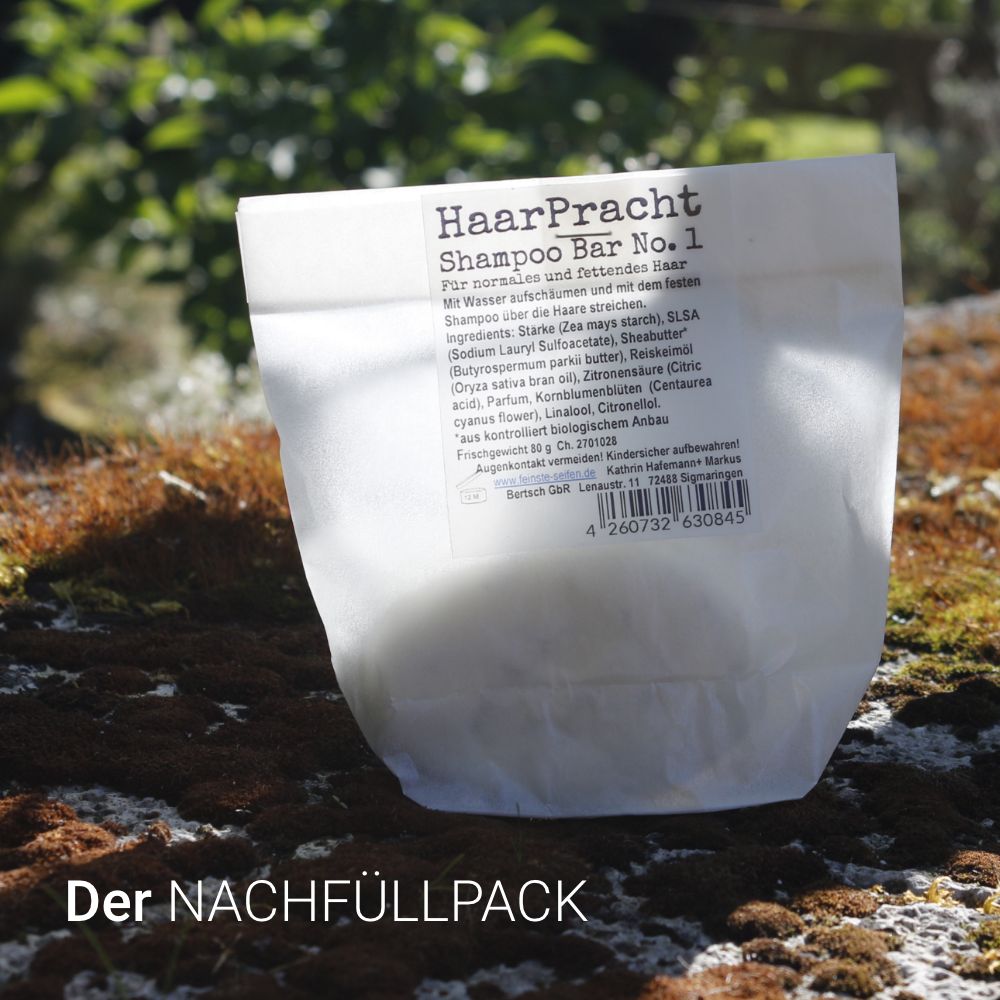 Festes Shampoo No. 1 HaarPracht Refill in Pergamintüte für normales bis leicht fettendes Haar.
