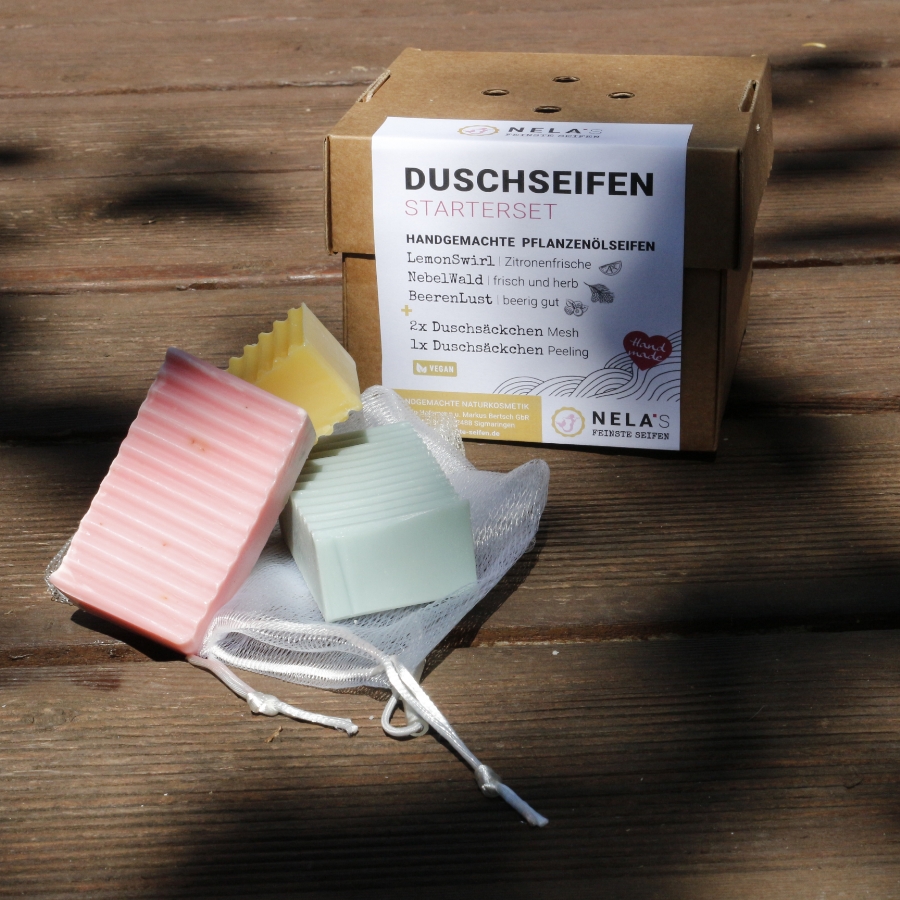 Duschseifen Starterset mit drei handgemachten Duschseifen, Seifensäckchen und Geschenkbox