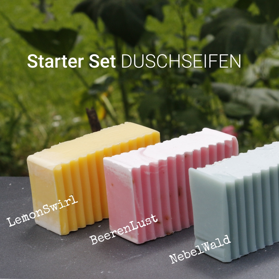 Drei handgemachte Duschseifen aus dem Starterset: LemonSwirl, BeerenLust und NebelWald