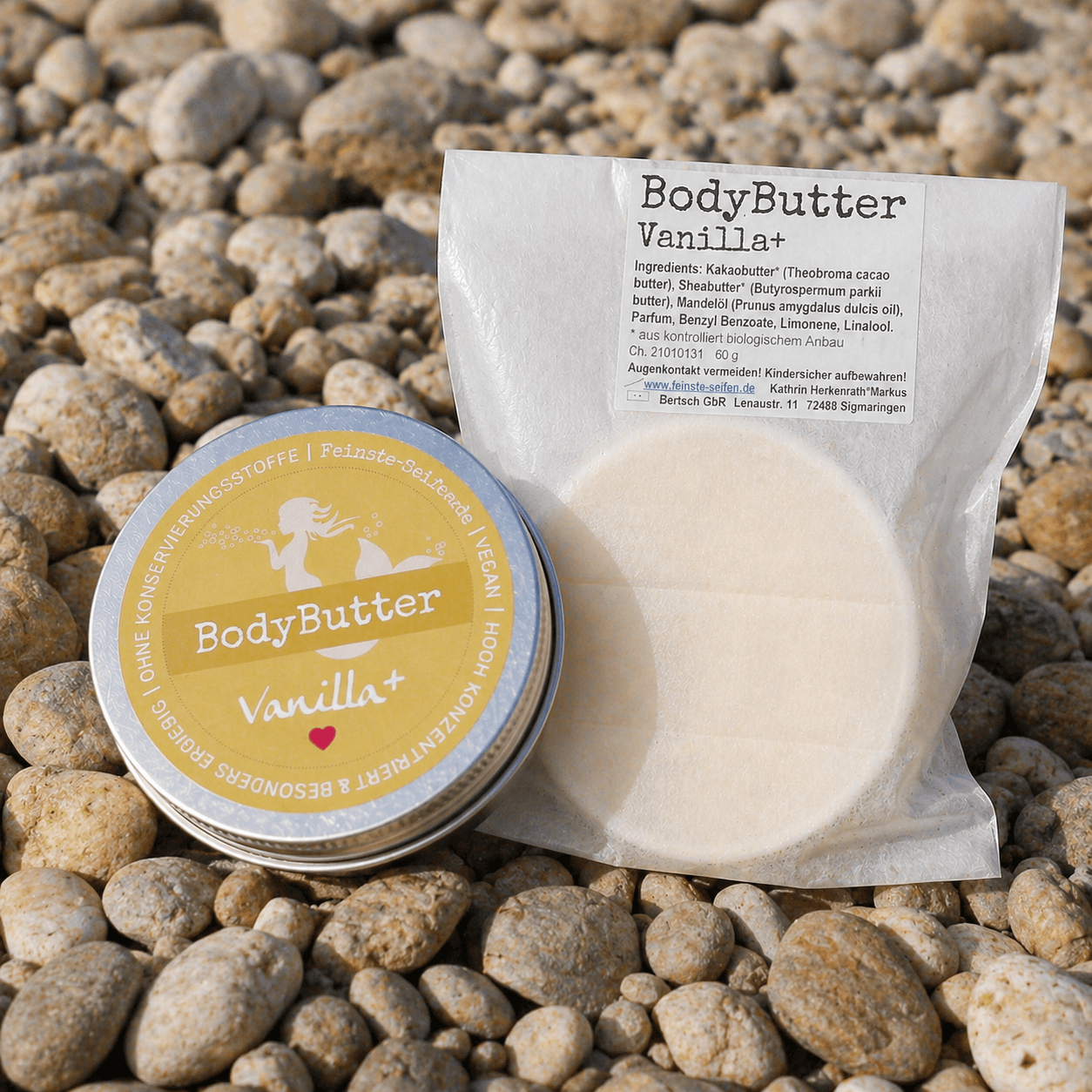 BodyButter Vanilla+ in Dose mit Nachfüllstück in Tüte – feste Körperpflege