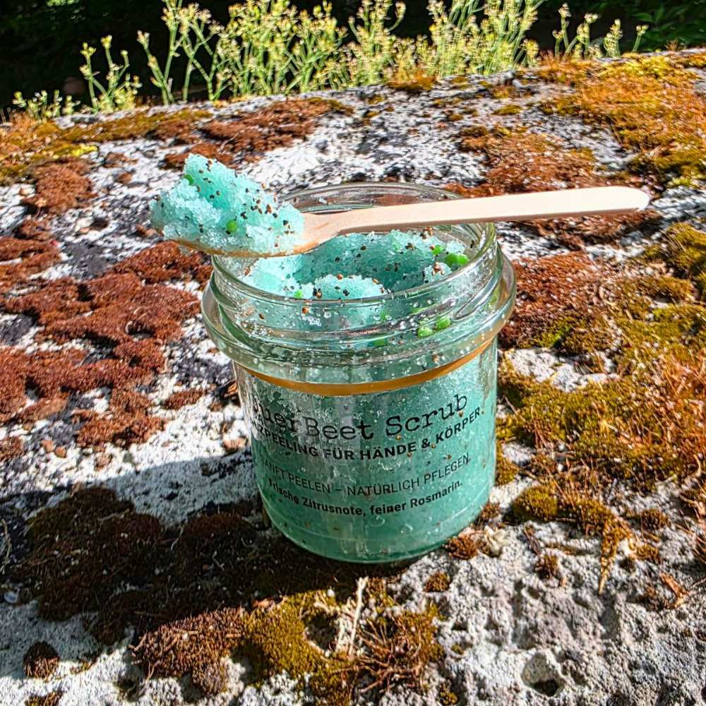 QuerBeet Scrub Salzpeeling für Gartenhände – handgemachtes Naturkosmetik Handpeeling im Glas