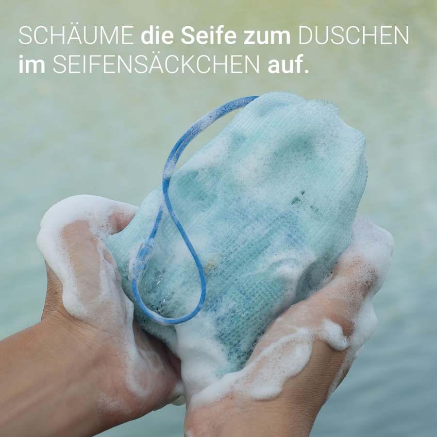 SeifenSäckchen aus Perlgarn mit cremigem Schaum beim Duschen