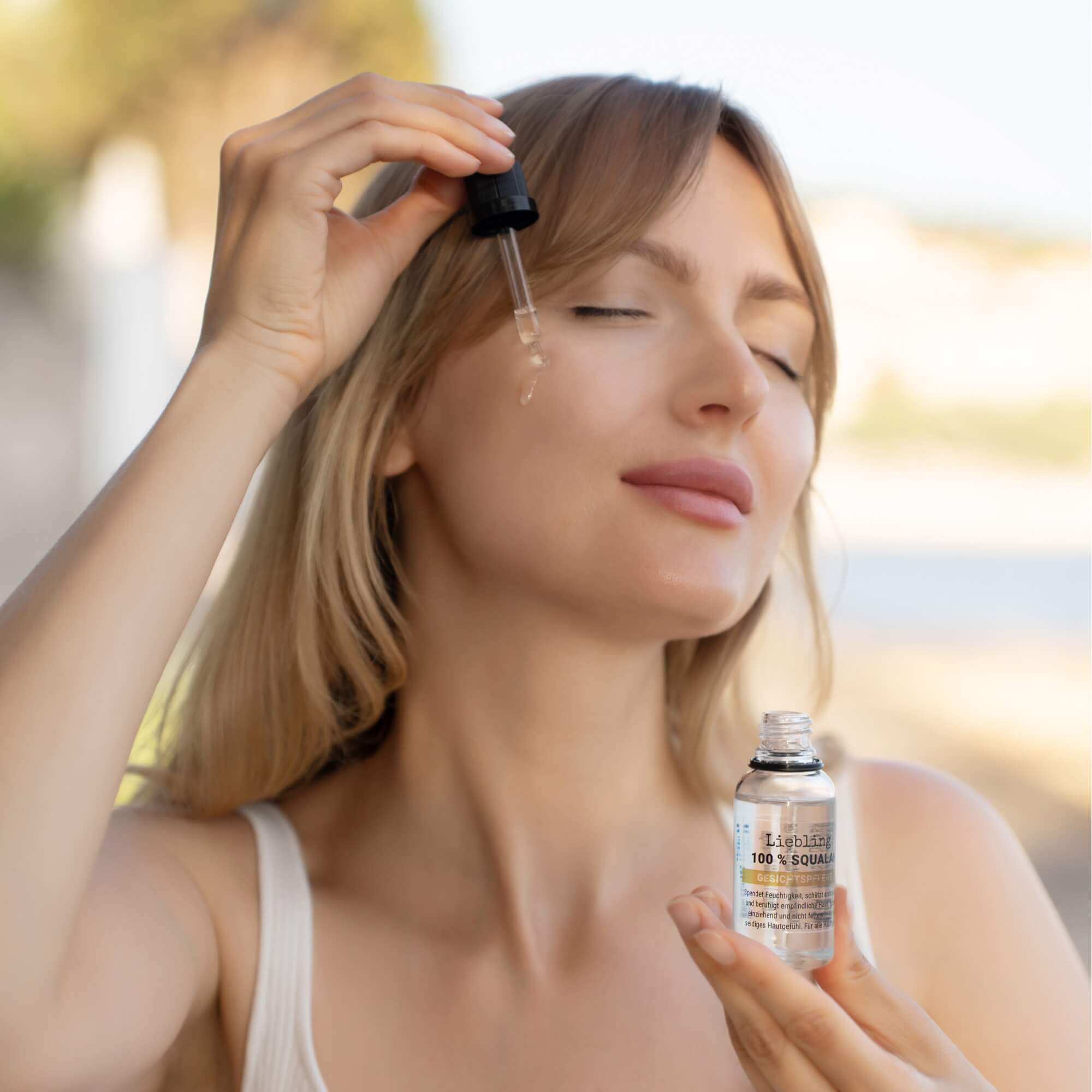 Liebling – 100 % pflanzliches Squalan in der Glasflasche mit Pipette für die tägliche Gesichtspflege.
